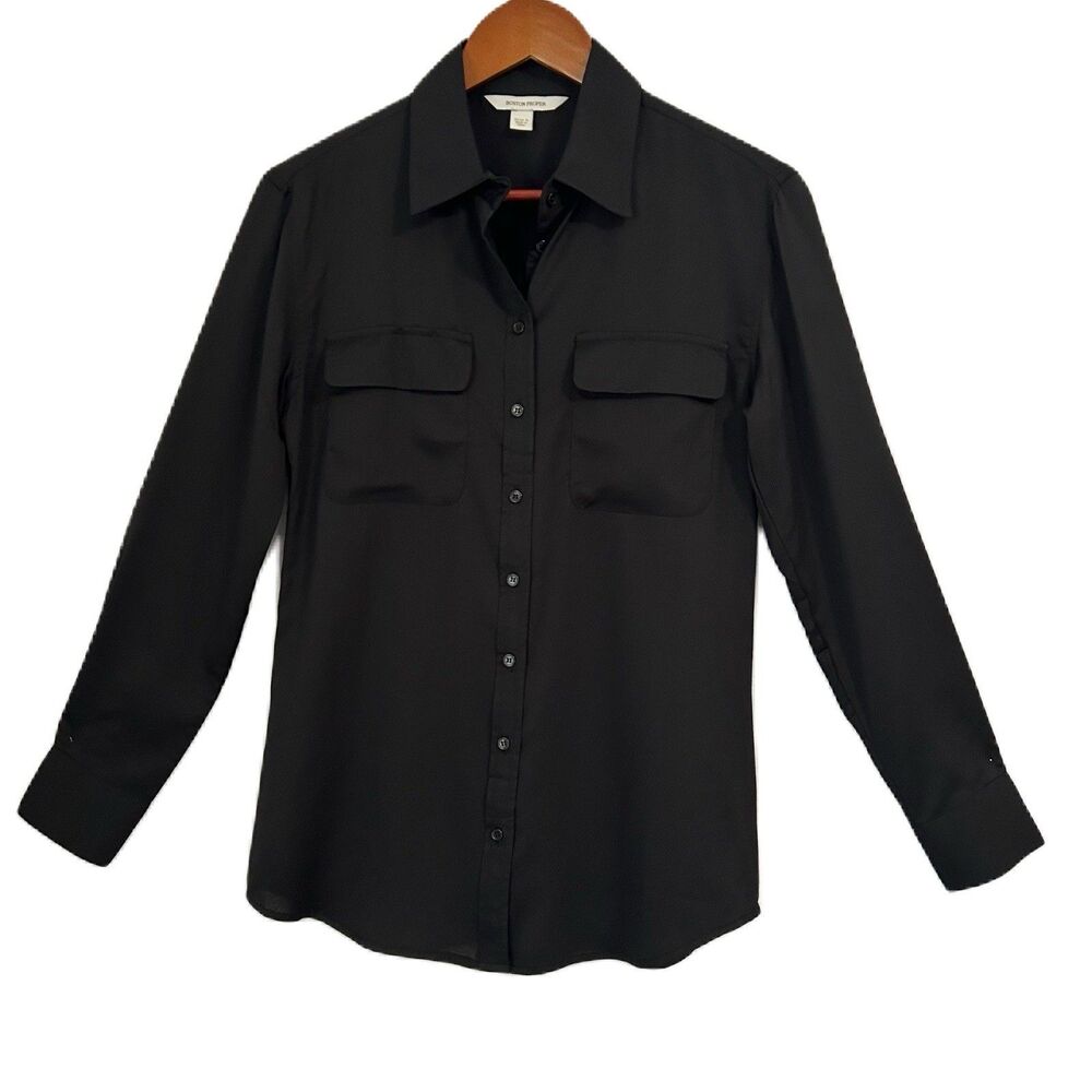 Boston Proper Button Up Blouse Women 4 Black Collar Pockets Office Preppy Flowy
